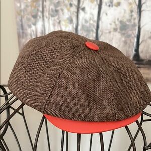 Authentic Linen Tweed Peaky Blinders Newsboy Cap Bright Color Orange Bill Button